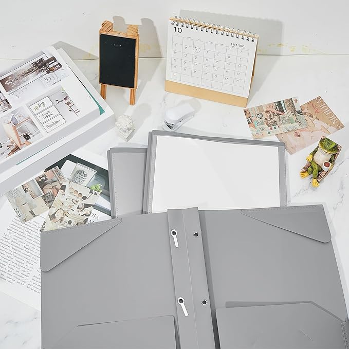 Henoyso 18 Pcs Plastic Folder with Clear Front Pocket and 3 Prong Plastic Folders with Card Slot Pocket Folders with Prongs for School Office (Gray)