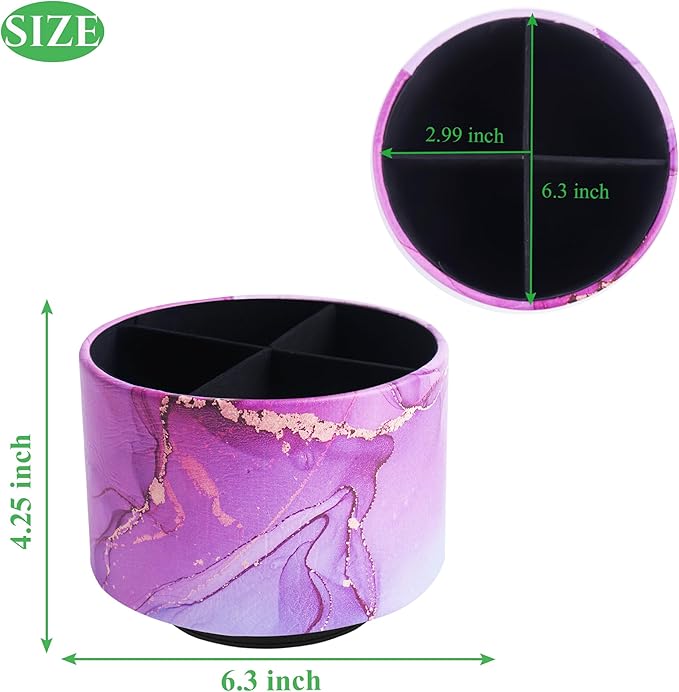 Round Leather Art Supply Organizer,Remote Control Holder,360-degree Rotating Pen Organizer with 4 Compartments(1-Purple Blue Splash Ink)