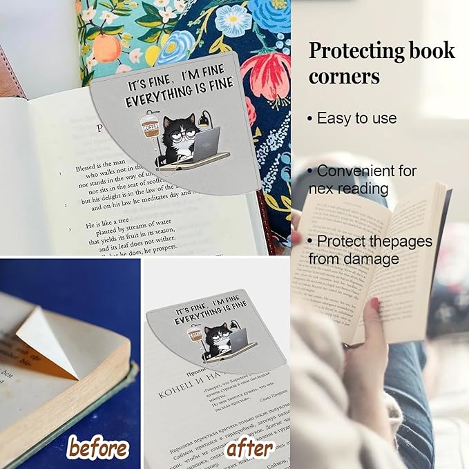 Black Cat Bookmarks, Funny Leather Book Accessories for Book Lovers,4 Pcs Cute Corner Page Book Marks for Teachers Students Book Reading Lovers, for School Office Home Supplies