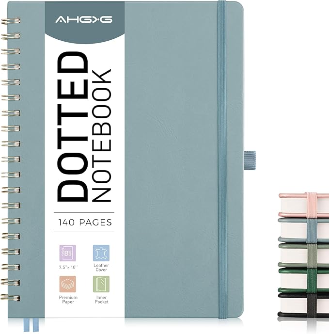 AHGXG Bullet Dotted Journal Spiral Notebook, Large B5 Dotted Notebook 140 Pages, Leather Hardcover, 100 GSM Thick Dot Grid Paper, Inner Pocket, for Bullet Journaling, 7.6" x 10", GrayBlue