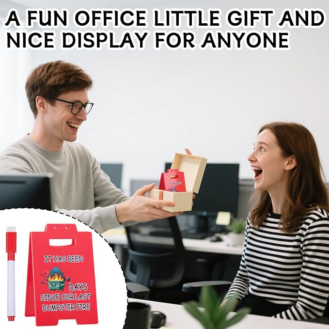 Funny Dumpster Fire Desk Sign – Writable Countdown Sign for Office Desk Decor, Red Triangular Plastic Sign for Workspaces, Colleagues, Boss Gifts
