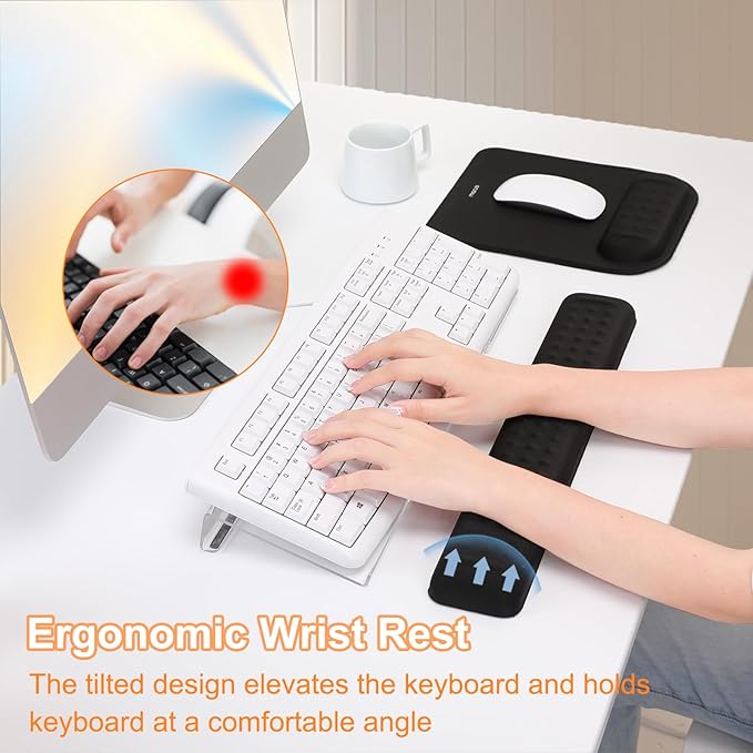 MOSISO Computer Keyboard Stand&Wrist Rest Support for Keyboard &Mouse Pad Set, Ergonomic Massage Wrist Rest Set, Easy Typing Working Acrylic Clear Stand for Office Home, Black
