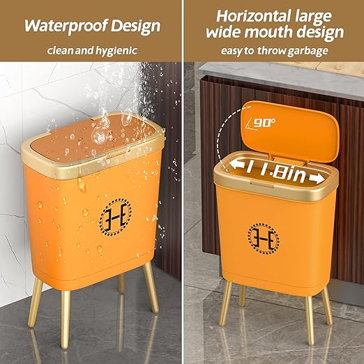 Bedroom Trash Can with Lid,Slim Bathroom Trash Cans with Lids, Dog Proof Trash Bin with Press Top Lid,Modern Gold Trash Can Plastic Waste Basket for Living Room, Office,Kitchen, 4 Gal-Orange