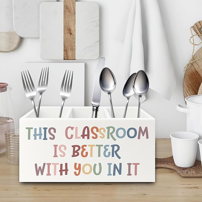 Boho Classroom Pen Pencil Holder Organizer for Desk, Inspirational Gifts, This Classroom is Better with You In It Wooden Box Sign for Home Office Desk Tabletop Decorations