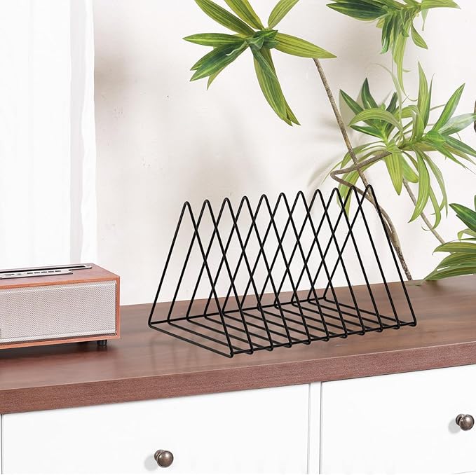 Urban Deco Triangle Desk Organizer - Metal Wire Magazine Holder, 10 Sections, Decorative File Folder Organizer, Vinyl Record Storage, Office File Holder - Black