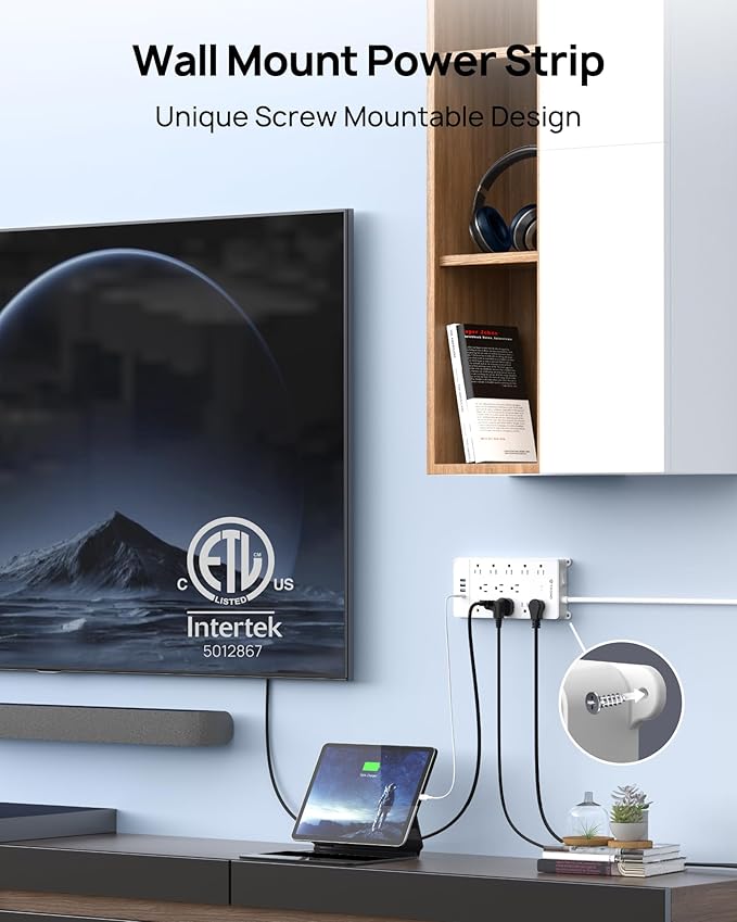 TROND Surge Protector Power Strip 10 ft Cord - Long Extension Cord, 4000J, 13 Widely Outlets with USB C Ports, Flat Plug, Wall Mount, 1875W, Home Gaming Dorm Room Essentials, ETL Listed, White