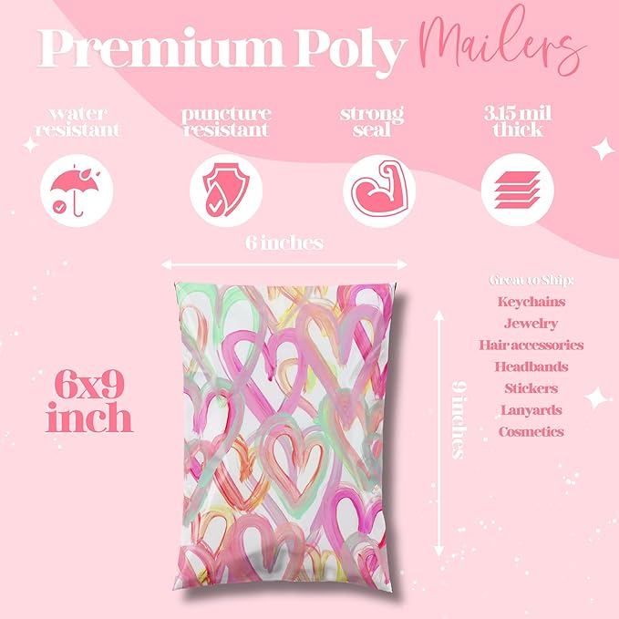 6x9 Designer Poly Mailer 100 Pack Heavy Duty Waterproof Self Seal Shipping Bags for Small Business Large Mailing Envelopes Bulk Tear Resistant Cute Packaging Happy Hearts