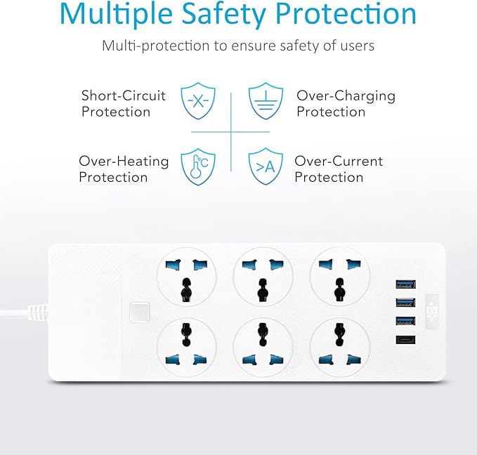 International Power Adapter with 6 Universal Outlet 4 USB Ports (1 USB C), Jumpso 6ft Travel Power Strip, EU UK to US Plug Adapter, 110-240v, 3000w Extension Cord for Home Office White