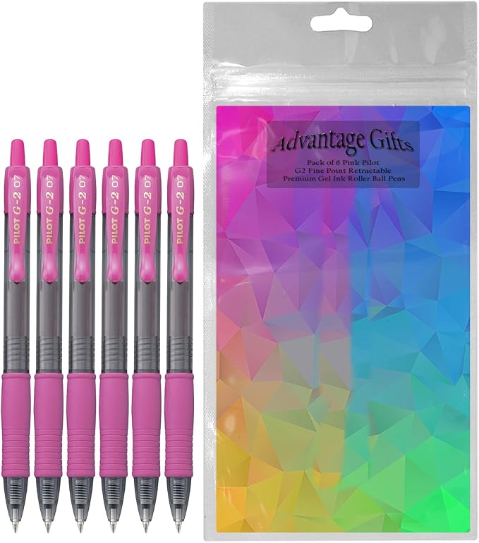 G2 Retractable Premium Gel Ink Roller Ball Pens Fine Point Fine Point (.7mm) Pink Ink 6-pk; Refillable & Premium Comfort Grip Bundle with Plastic Reusable Pouch