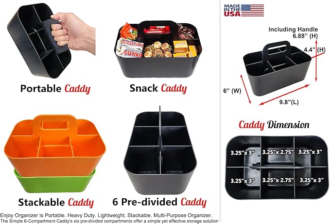 2 Pack Small 6 Compartment Multiuse Caddy Organizer with Handle Art Craft Supplies, Office, Desk, Stationery Pen Holder Stackable- Made In USA (Orange/Green)