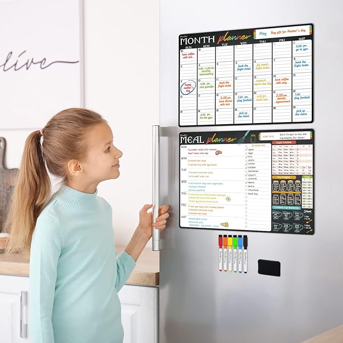 Magnetic Dry Erase Monthly Calendar and Menu Board - 17"x12" Monthly Planner and Meal Planning Board for Fridge - 6 Extra Fine Point Markers Included - Shipped Flat