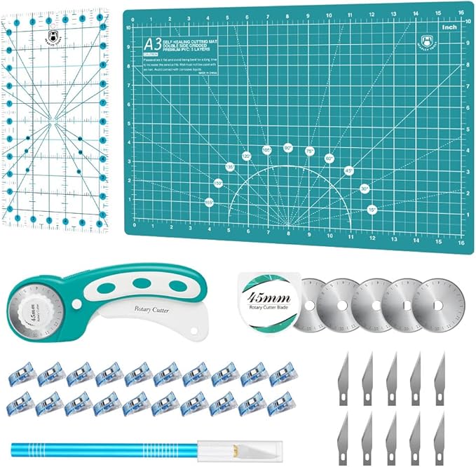 Headley Tools Rotary Cutter Set - 45mm Fabric Cutter, 5 Extra Rotary Blades, A3 Cutting Mat, Quilting Ruler and Sewing Clips, Craft Knife Set, Ideal for Crafting, Sewing, Patchworking,Turquoise