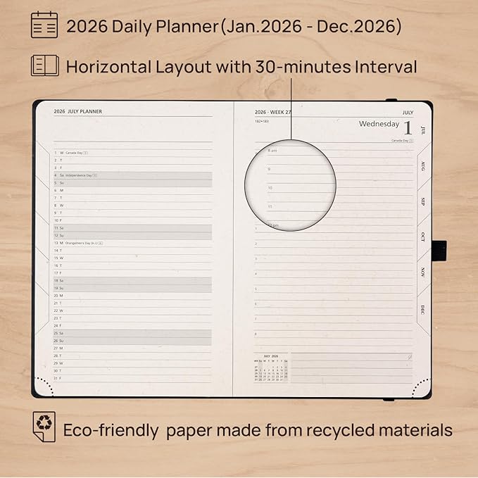 POPRUN 2026 Recycled Daily Planner 12 Months (A5 Medium Size 5.75'' x 8.5'') - One Page Per Day Calendar Hourly Appointment Book with Italian Regenrated Leather, Monthly Tabs, Pocket - Desert Brown