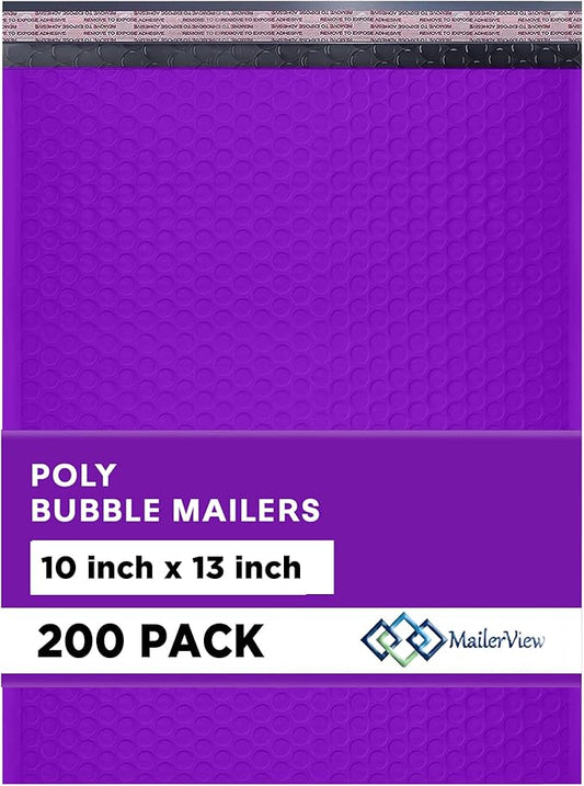 Purple 10x13 Inch Poly Bubble Mailers |Self Seal Padded Envelopes for Thick books | Air Cushioned Bubble Mailer | Usable Size 9.5x13 | Waterproof Lightweight Mailing Shipping Bags | 200 Pack Bulk