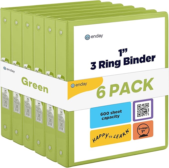 3 Ring Binder Green, 1 Inch, 1” Clear View Cover with 2 Inside Pockets Round Ring Binder, Colored School Supplies Binders, Also Available in Pink, Blue, Purple, Grey, and Red (6 PC) – by Enday