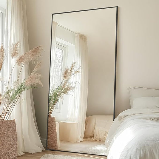 71"X32" Floor Mirror Full Length with Stand, Black Rectangle Large Free Standing Full Length Body Mirror for Gym Bedroom Living Room, Tempered Glass, Aluminum Alloy Frame
