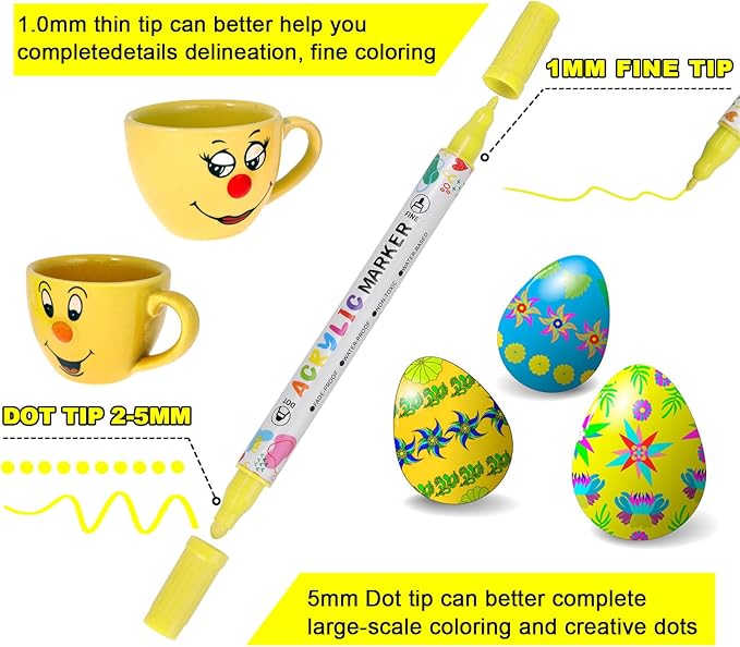 36 Colors Acrylic Paint Pens, Dual Tip Acrylic Paint Markers for Paper, Wood, Canvas, Stone, Rock Painting, Glass, Fabric, DIY, Ceramic, Art Supplies for Kids and Adults Drawing (Dot + Fine)