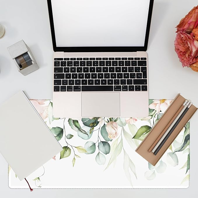 Desk Mat, Watercolor Pink Flowers Desk Pad, Green Leaves Flowers Large Gaming Mouse Pad for Desk, 31.5"x15.7" Extended Big Computer Keyboard Mouse Pad with Non-Slip Base and Stitched Edge