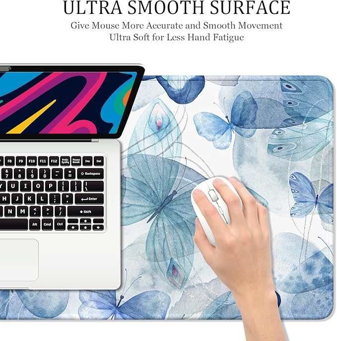 Desk Mat, 32" x 16" XXL Extended Large Gaming Mouse Pad, Desktop Decor Desk Pad, Cute Men Women Office Supplies and Accessories, XL Mouse Mat for Laptop & Keyboard, Blue Butterfly