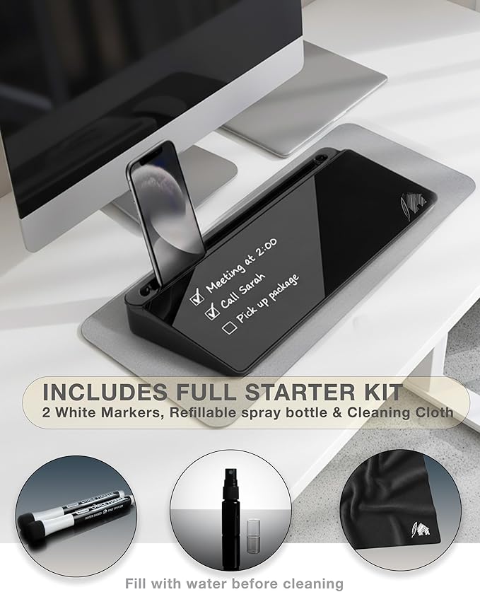 Black Glass Desktop Whiteboard – Modern Dry Erase Board with Storage Drawer for Desk Notes & Organization