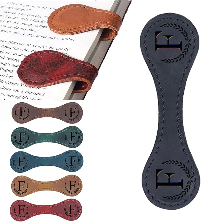 Personalized Magnetic Leather Bookmark, 26 Letters Custom Leather Bookmarks, Handmade, Leather Magnetic Bookmark for Book Lovers Readers Women Kid(Black，F）