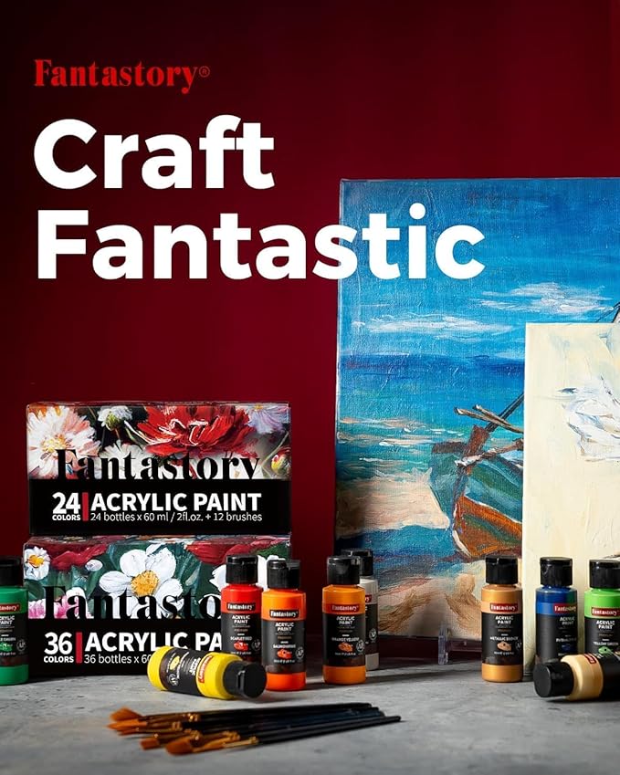 Fantastory Acrylic Paint Set 36 Classic Colors(2oz /60ml) with 12 Brushes, Professional Craft Thick Paints Kits for Adults, Canvas Wood Fabric Ceramic Rock Painting Supplies [Professional Series]