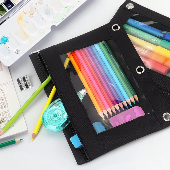 Tamaki 3 Ring Binder Pencil Pouch, Clear Window Pencil Case, Black, 3 Pack