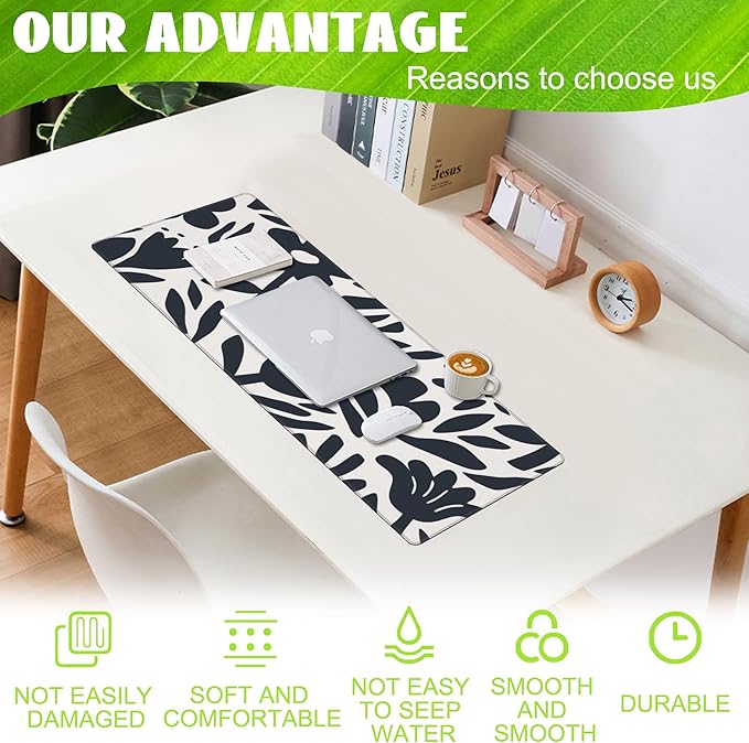 Desk Pad, Hand Drawn Leaves and Flowers Desk Mat, Abstract Plant Large Gaming Mouse Pad with Non-Slip Base and Stitched Edge, 31.5"x11.8"