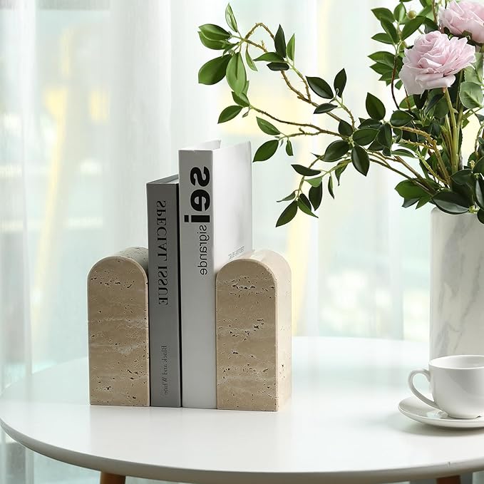 Koville Italian Travertine Bookends for Shelves, Decorative Book Ends, 7lbs Heavy-Duty Marble Book Holders, Bookshelf Apartment Decor for Normal Books/CD/Video Games(Travertino Romano)