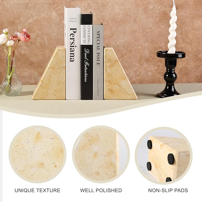 Koville Marble Bookends for Shelves, Large Bookends for Heavy Books, Non-Slip Heavy Duty Book Stopper for CD/Movies, Aesthetic Decorative Bookends for Shelves Table Home Decor(Gold)