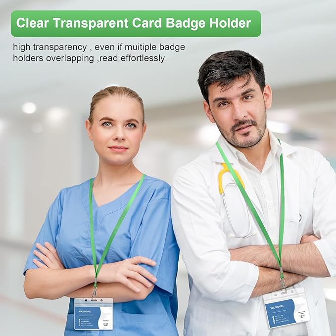 100 Pack Lanyards for ID Badges with Clear Name Tags, Reusable Lanyards Horizontal ID Card Badge Holders Plastic Name Badges for Men Women Kids Business School and Office Supplies (Green)