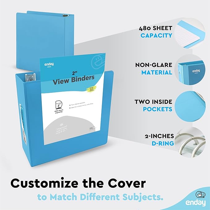 3 Slant D-Ring Binder 2 Inch Binder Blue, 2 in Clear View Cover w/ 2 Inside Pockets, Heavy Duty Colored School Supplies Binders Also Available in Grey, Pink, Red, Green, Purple (6 PC)–by Enday