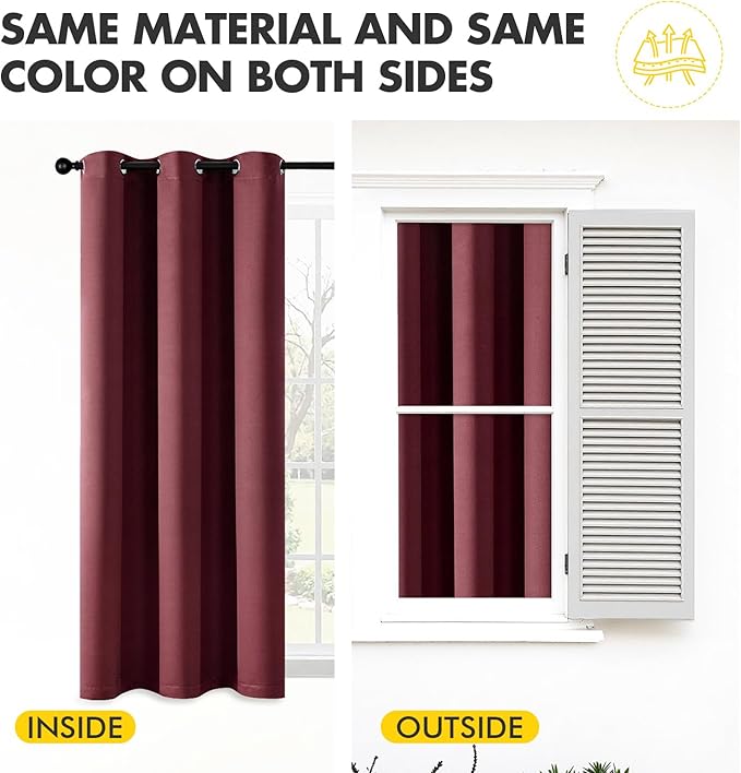 MIULEE Burgundy Red Blackout Curtains for Bedroom Living Room 72 Inches Long 2 Panels, Thermal Insulated Drapes Solid Grommet Top Noise Reduction Christmas Window Treatments W40 x L72 Inch
