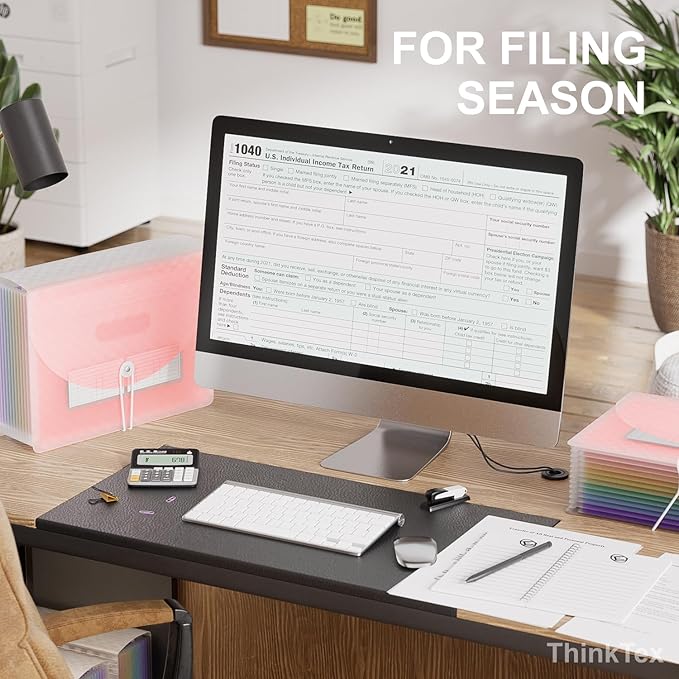 ThinkTex Accordion File Organizer, 12 - Pocket Expanding File Folders for Paper Receipts, Bills&Taxes Organizer, Letter/A4 Size Document Holder for School, Office, Home with Colorful tabs- Pink