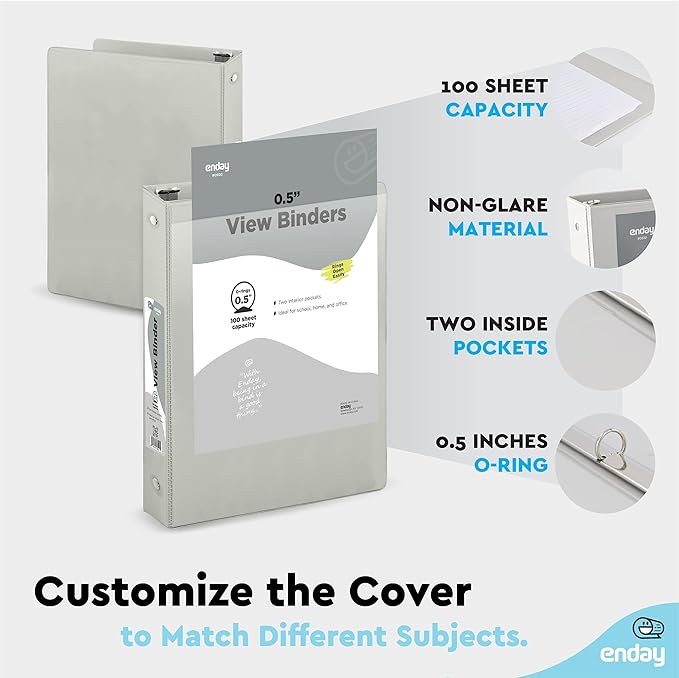 ½ Inch 3 Ring Binder .5 inch Grey Clear View Cover with 2 Inside Pockets, Colored School Supplies Office and Home Binders – by Enday