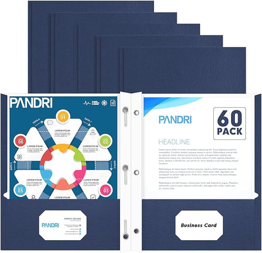 Two Pocket Folders, PANDRI 60 Pack Two Pocket Folders with Prongs, 3 Prong Folders Designed for Office and Classroom, Letter Size Darkblue