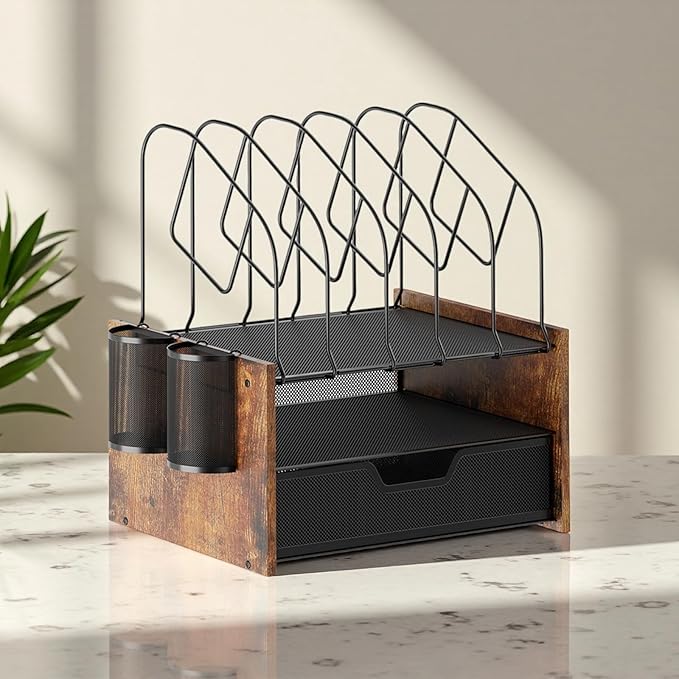 Wood Desk Organizer - 2-Tier Desktop File Organizer with Drawer with Vertical File Holder, Wooden Paper Tray, Office Desk Organzier and Accessories for Papers, Mail, Notebooks, Stationery