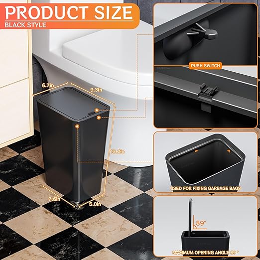 12L Black Covered Bathroom Trash Can,Office Trash Cans for Near Desk,Slim Bedroom Cute Small Trash Can,3.17Gallon Plastic Pet/Dog Proof Bathroom Garbage Can,Thin Waste Basket for Room,Kitchen Trashcan