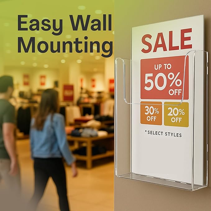 Acrylic Brochure Holder for Wall Mounting, Clear Display for 8.5" x 11" Flyers, Literature Holder for Magazines, Pamphlets, Menus, Includes Screws & Plastic Anchors – Pack of 4