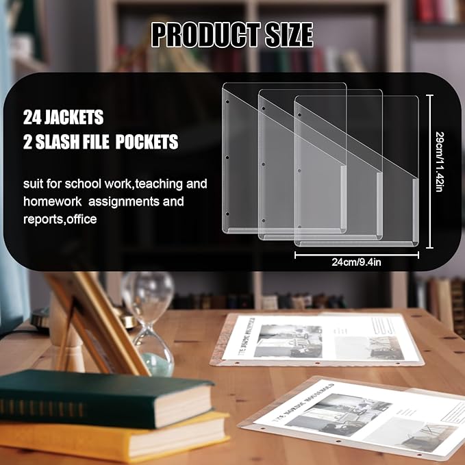 Seajan 24 Pcs Pocket Folders for 3 Ring Binder Clear Plastic Folders Sleeves with 2 Pockets 3 Hole Punch Binder Dividers Poly Slash File Jackets for Office School Document Organizer (White)