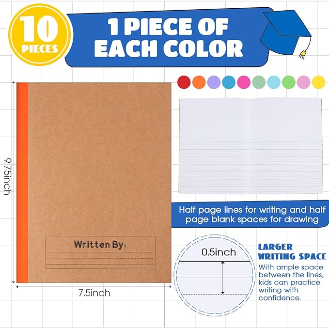 Henoyso 10 Pcs Primary Composition Notebook 9 3/4 x 7 1/2 Inch Kids Journal, Back to School Supplies, K-2 Primary Writing Notebook for Kids Student Draw and Write Story Journal (Stylish Color)