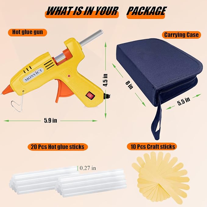 MONVICT 30W Mini Hot Glue Gun Kit, Fast Preheating Glue Gun with Storage Case, 20 Pcs Premium Glue Sticks, 10 Pcs Wood Craft sticks, Hot Melt Glue Gun for School Crafts DIY Arts Gift (Yellow)