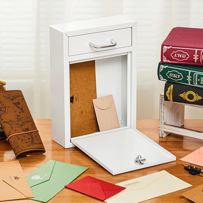 Locking Mailbox with Key for Outdoor 12.2 x 8.5 x 3 Inches Large Wall Mount Mail Box with Lock Security Mail Drop Metal Collection Boxes Hanging Secure Postbox(Creamy White)