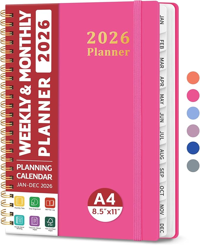 2026 Planner, Weekly and Monthly Calendar Planner, January 2026 - December 2026, Hardcover 2026 Calendar Planner Book with Tabs For Women & Men, Inner Pocket, Spiral Bound, Perfect for Office Home School Supplies - A4 (8.5" x 11"), Berry Pink