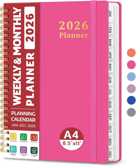2026 Planner, Weekly and Monthly Calendar Planner, January 2026 - December 2026, Hardcover 2026 Calendar Planner Book with Tabs For Women & Men, Inner Pocket, Spiral Bound, Perfect for Office Home School Supplies - A4 (8.5" x 11"), Berry Pink