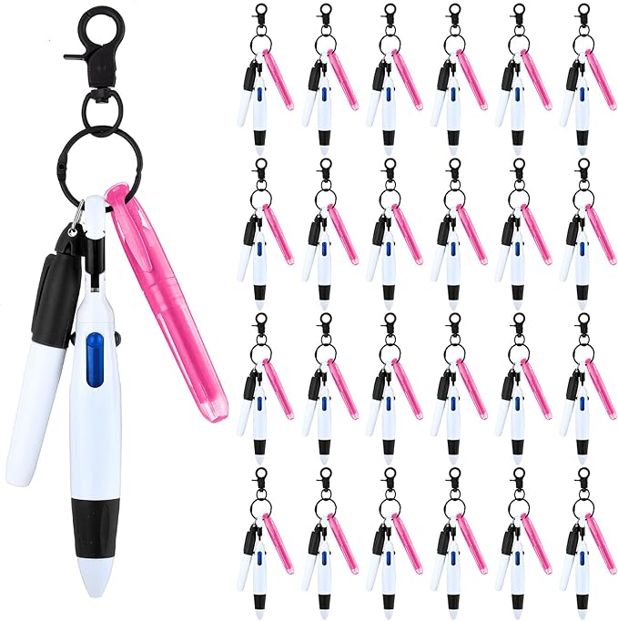 Sherr 25 Sets Retractable Nurse Pens with Mini Highlighter Permanent Marker Keychain Clip Badge Reel Pen Accessories for Nursing Students Medical Staff Office Stocking Stuffer Gift(Black Pink)