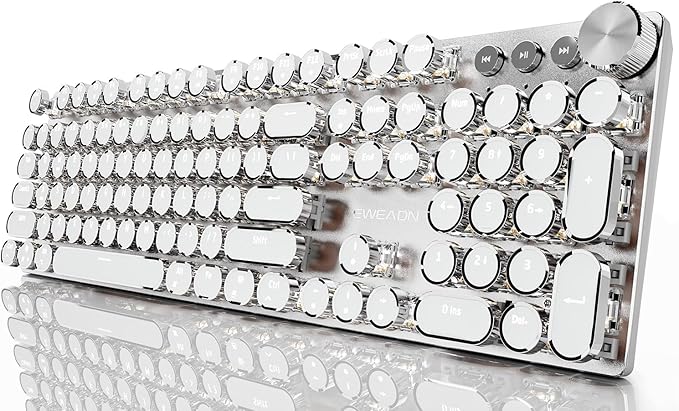 EWEADN Typewriter Style Mechanical Gaming Keyboard, Wired Mechanical Keyboards,104 Keys Backlit LED Keyboards, Media Control Knob, Wired Computer Keyboard Pink Switch for Windows/Mac/PC-White