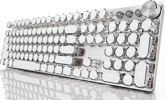 EWEADN Typewriter Style Mechanical Gaming Keyboard, Wired Mechanical Keyboards,104 Keys Backlit LED Keyboards, Media Control Knob, Wired Computer Keyboard Pink Switch for Windows/Mac/PC-White