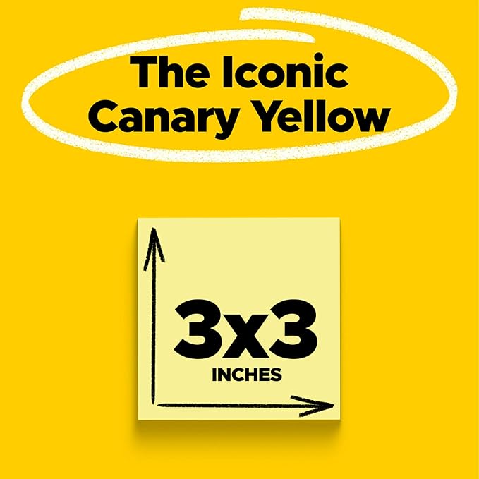 Post-it Notes 3x3 in, 12 Pads, America's #1 Favorite Sticky Notes, Canary Yellow, Clean Removal, Recyclable (654)