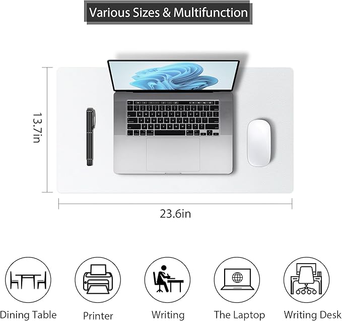 Mouse Pad Large for Desk, PU Leather Desk Pad Protector, Desk Mat Waterproof for Home & Office, Non-Slip Desk Mat for Keyboard and Mouse, Desk Blotter Writing Pad for Desktop, White (13.7''X23.6'')